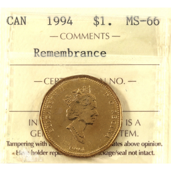 Loon $1 1994 Remembrance ICCS MS66