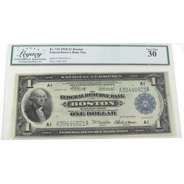 USA 1918 FR-710 Federal Reserve Bank of Boston $1 Legacy VF30 SN:A38446821A