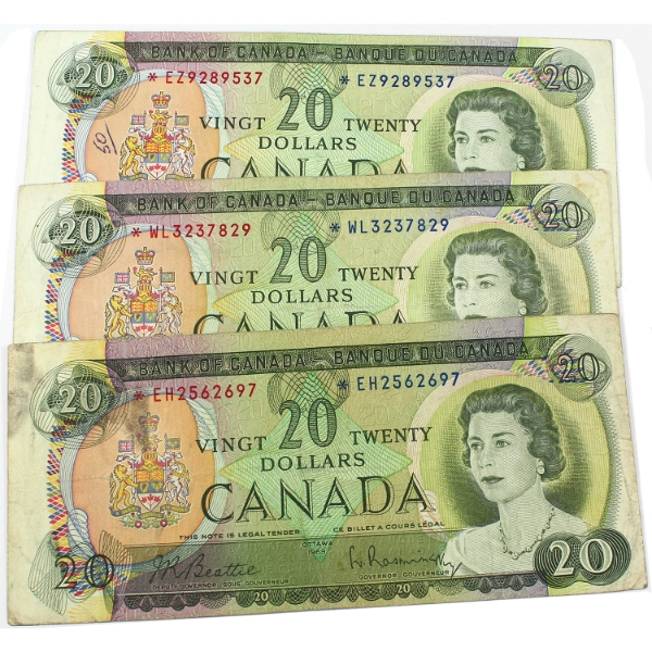 BC-50aA & BC-50bA 1969 $20 F to F-VF Beattie-Rasminsky & Lawson-Bouey. 3pcs.