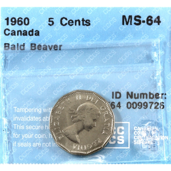 5-cent 1960 Bald Beaver CCCS MS64