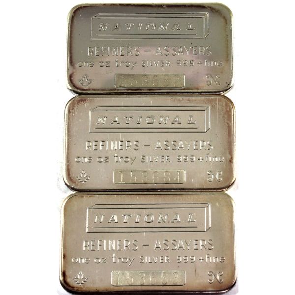 3x 1oz National Refiners Vintage .999+ Silver Bars *Consecutive!* 3pcs. (Tax Exempt)