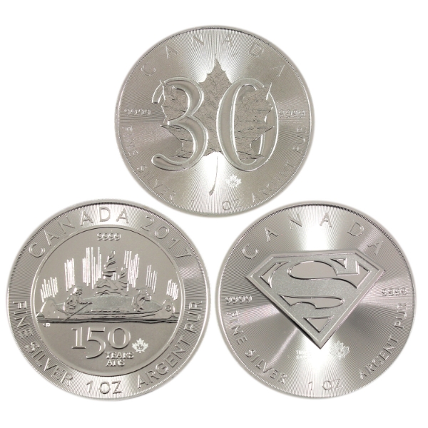 3x 1oz 2016-2018 $5 Assorted Canadian .9999 Fine Silver Coins. 3pcs (Tax Exempt)