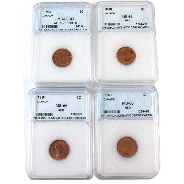 1-cent 1953 NSS, 1959, 1961 & 1964 NNC MS66 Red. 4pcs. 