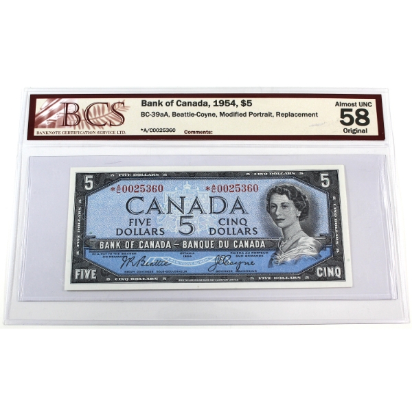 BC-39aA 1954 $5 Modified Portrait *A/C Replacement BCS AU58 Original Beattie-Coyne SN:*A/C0025360