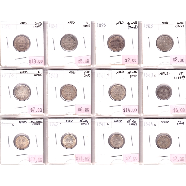 Lot of 12x Newfoundland 5-cent & 10-cent 1890-1944 Good to AU-UNC in Plastic Sheet. 12pcs