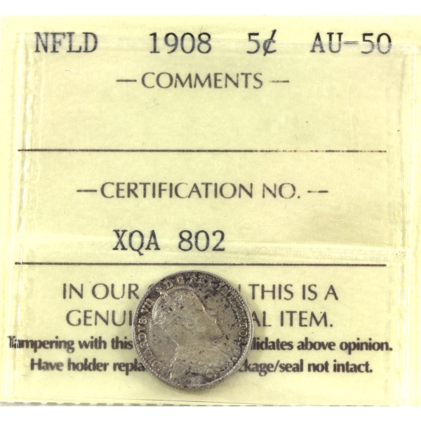 Newfoundland 5-cent 1908 ICCS AU50
