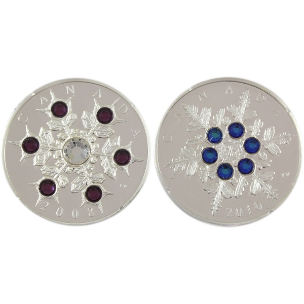 2008 Amethyst & 2010 Blue $20 Crystal Snowflake 1oz .9999 Fine Silver w/ Swarovski Elements. 2pcs 