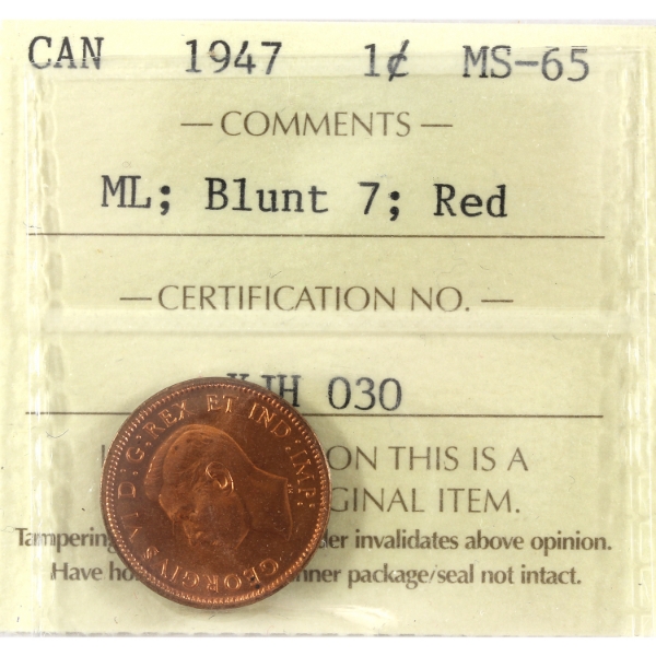 1-cent 1947 ML; Blunt 7 ICCS MS65 Red