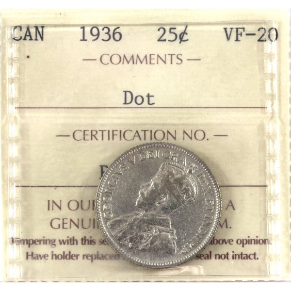 25-cent 1936 Dot ICCS VF20