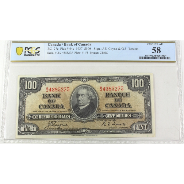 BC-27c 1937 $100 PCGS Choice AU58 Coyne-Towers SN: B/J4385275 