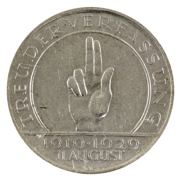 Germany-Weimar Republic Silver 1929G 3 Reichsmark 10th Ann. of the Weimar Constitution AU-UNC