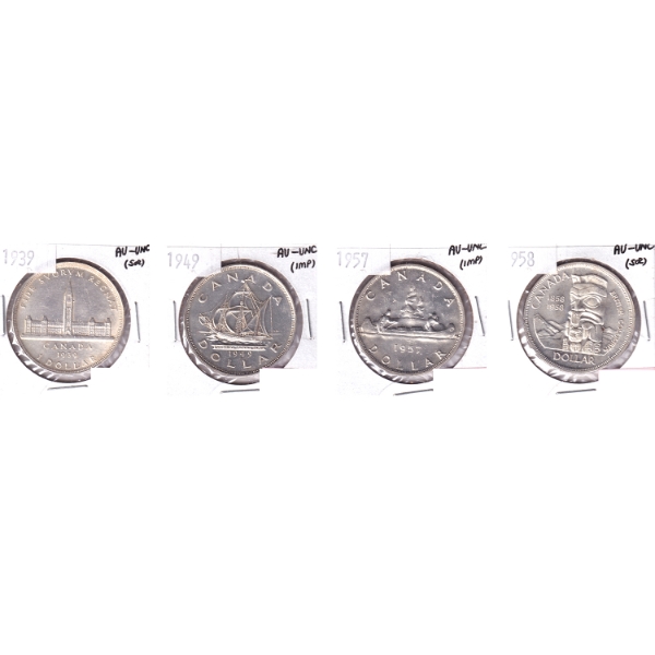 Group Lot of Silver $1 1939-1958 in 4-Pocket Sheet AU-UNC. 8pcs.