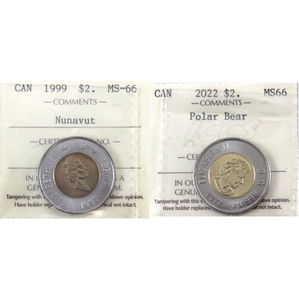 $2 1999 Nunavut & 2022 Polar Bear ICCS MS66. 2pcs