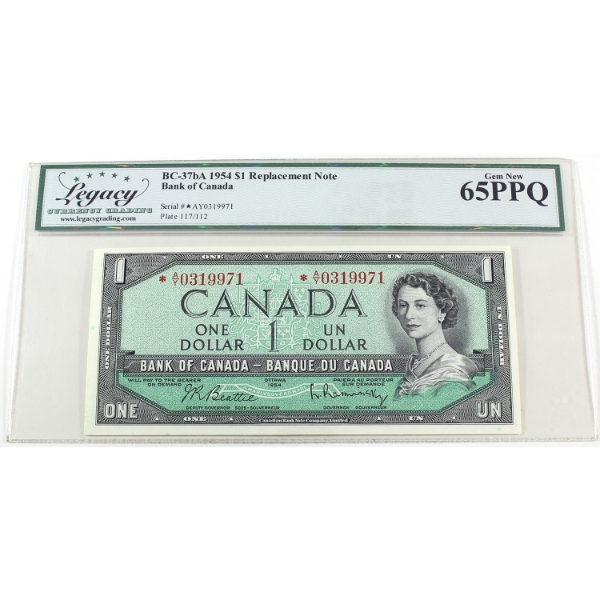 BC-37bA 1954 $1 *A/Y Legacy GEM UNC65 PPQ Beattie-Rasminsky Replacement SN: *A/Y0319971