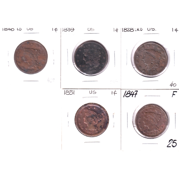 Group Lot of USA 1828-1851 1-cent Coins. 5pcs.