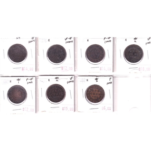Lot of 7x 1-cent 1859-1882H with Multiple Varieties. 7pcs