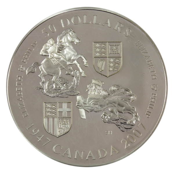 2007 $50 Queen's 60th Wedding Anniversary 5oz .9999 Fine Silver Coin (Tax Exempt)