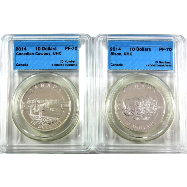 2014 $10 O Canada - Bison & The Canadian Cowboy 1/2oz .9999 Fine Silver Coins CCCS PF70. 2pcs.