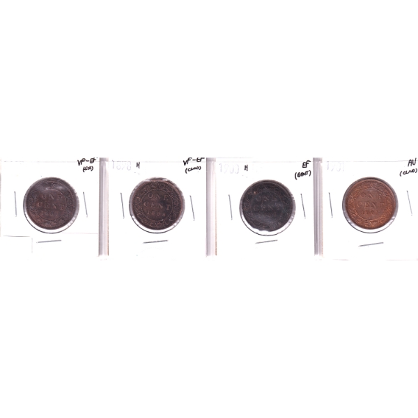 Group Lot of 1-cent 1887-1901 VF-EF to AU in 4-Pocket Sheet. 4pcs.