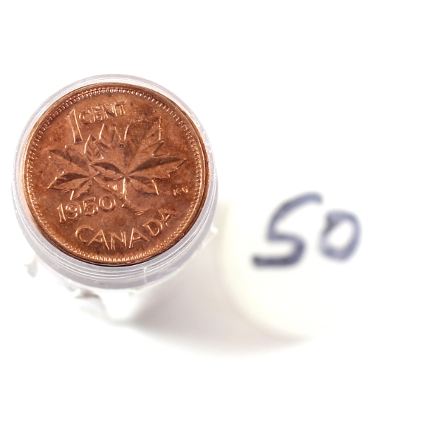 1950 1-cent Roll of 50pcs in Plastic Tube, UNC or Better