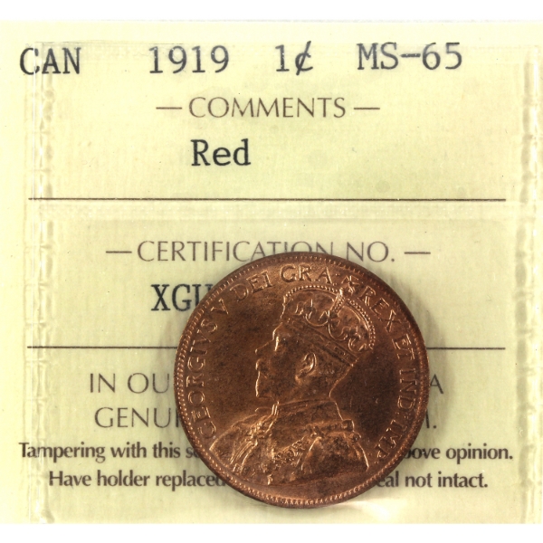 1-cent 1919 ICCS MS65 Red