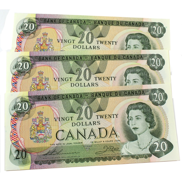 BC-54c 1979 $20 Consecutive Thiessen Crow SN:52476748450-"52. 3pcs.