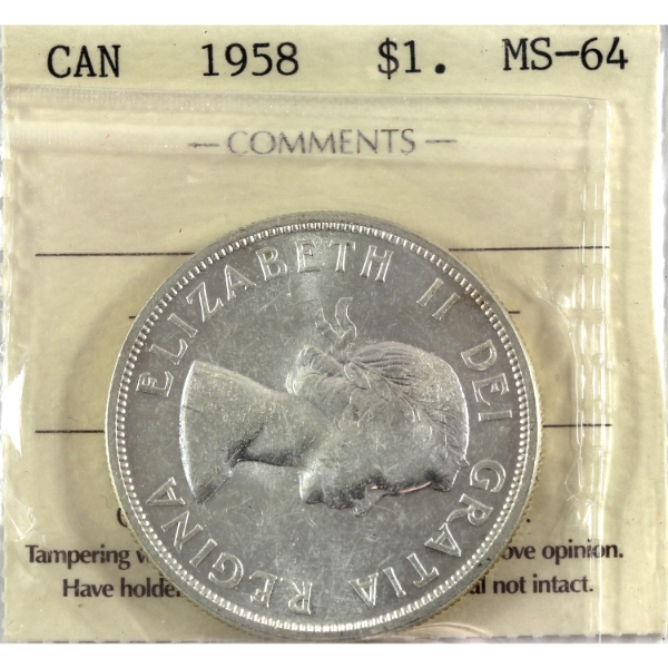 Silver $1 1958 ICCS MS64