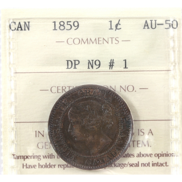 1-cent 1859 DP N9 #1 ICCS AU50 