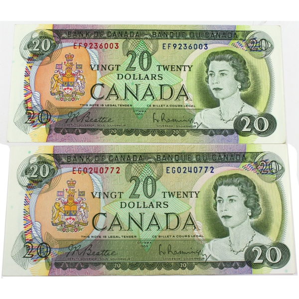 BC-50a 1969 $20 AU or Better Beattie-Rasminsky SN:EF9236003 & EG0240772. 2pcs