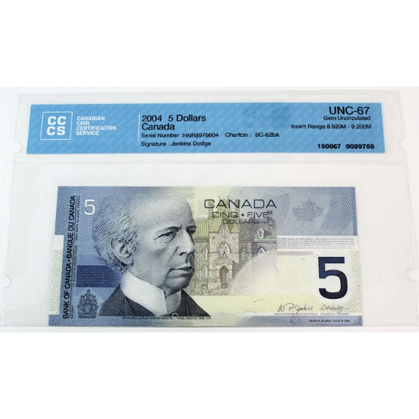 BC-62bA 2004 $5 CCCS Gem UNC67, Jenkins-Dodge, Insert Range 8.920M - 9.200M SN: HNR8979604