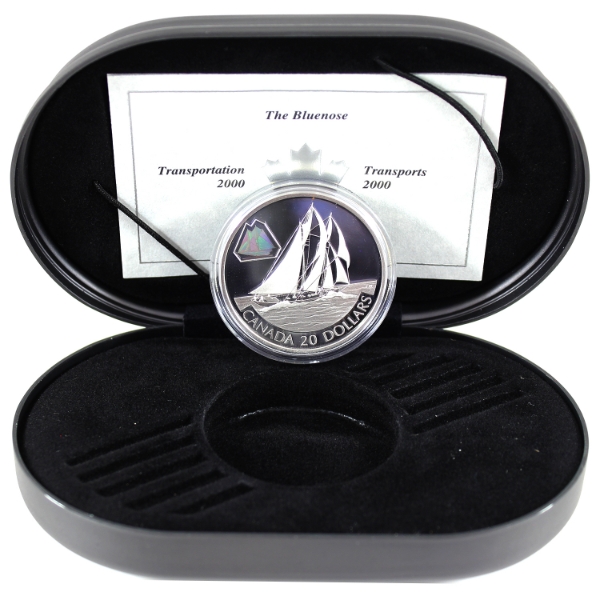 2000 $20 Transportation Ship - The Bluenose Sterling Silver Coin w/ Holographic Cameo