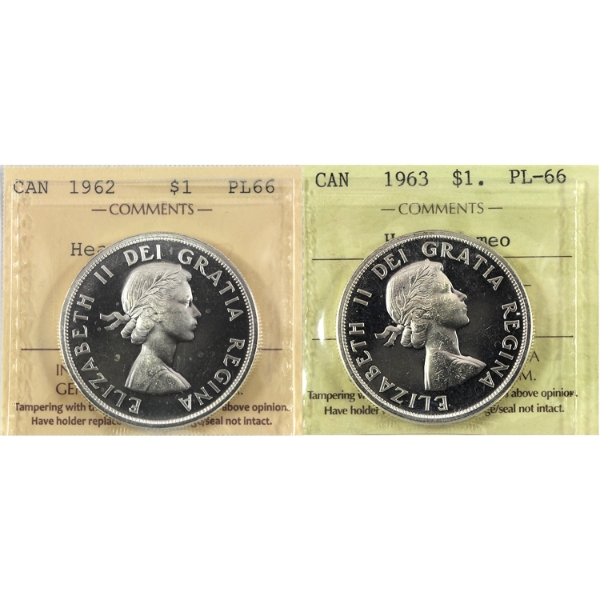 Silver $1 1962 & 1963 ICCS PL66 Heavy Cameo. 2pcs