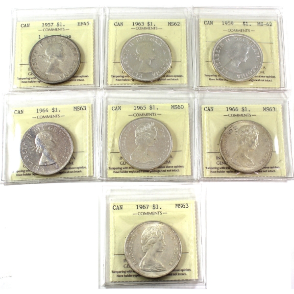 Silver $1 1957-1967 ICCS EF45 to MS63. 7pcs.
