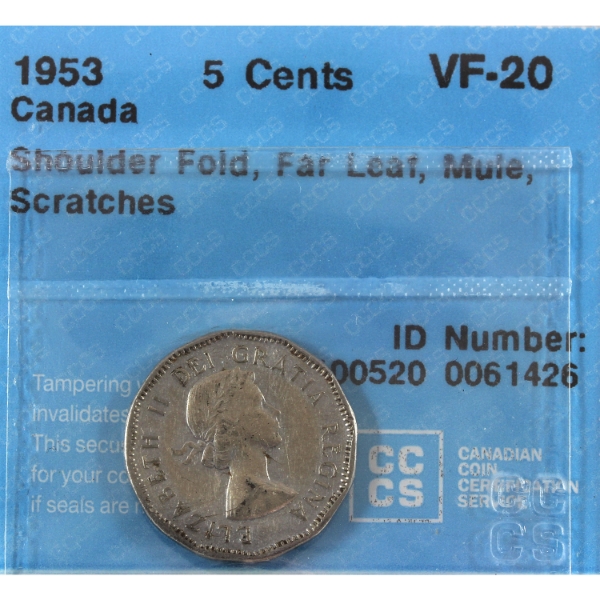 5-cent 1953 SF FL Mule CCCS VF20 (Scratches)