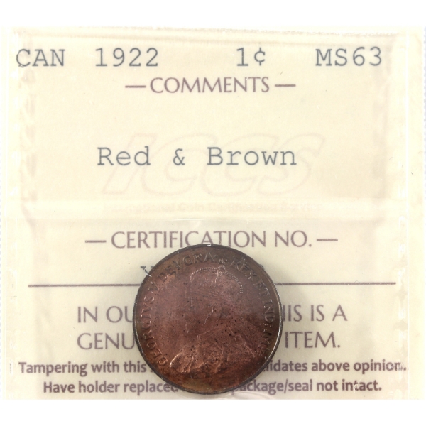 1-cent 1922 ICCS MS63 Red & Brown