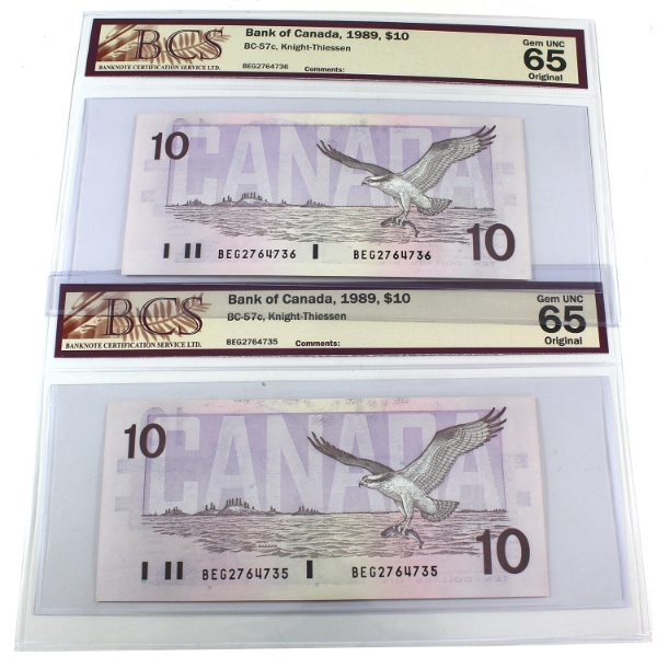 2x BC-57c 1989 $10 Consecutive BCS GEM UNC65 Original Knight-Thiessen SN: BEG2764735 & BEG2764736
