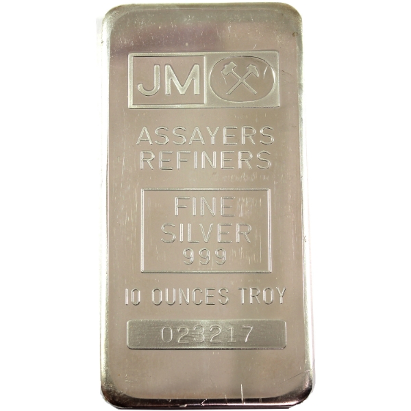 10oz JM Johnson Matthey .999 Fine Silver Bar w/ Blank Back (Tax Exempt)
