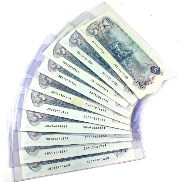 Group Lot of 10x 1979 $5 Bank of Canada Notes UNC or Better. 10pcs