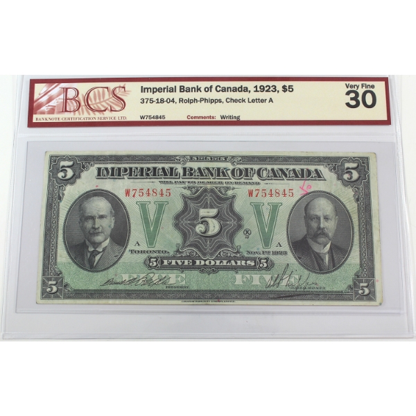 375-18-04 1923 $5 Imperial Bank of Canada BCS VF30 Rolph-Phipps SN: W754845 Check Letter A