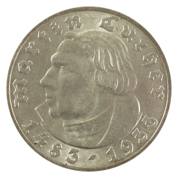 Germany-Third Reich Silver 1933A 5 Reichsmark 450th Ann. of the Birth of Martin Luther BU