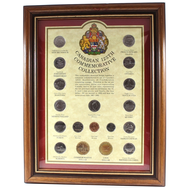1992 Canadian 125th Commemorative Quarter Collection 18-Coin Set in Wooden Frame