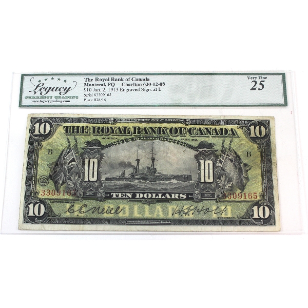 630-12-08 1913 $10 Royal Bank Legacy VF25 Neill-Holt Engraved Sign. At L SN: 3309165