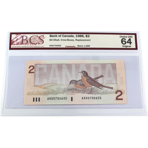 BC-5aA 1986 $2 BCS Choice UNC64 Original Crow-Bouey Replacement SN:ARX0700635