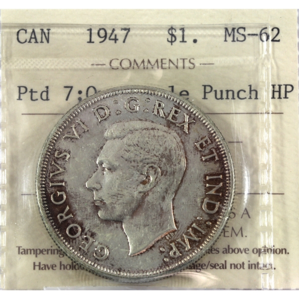 Silver $1 1947 Ptd 7; Quad HP ICCS MS62