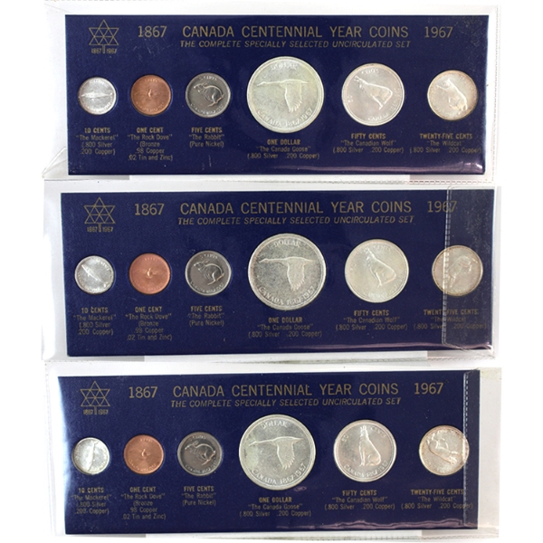 3x 1867-1967 Canada Centennial Year Coins-The Complete Specially Selected Uncirculated Set. 2pcs. 