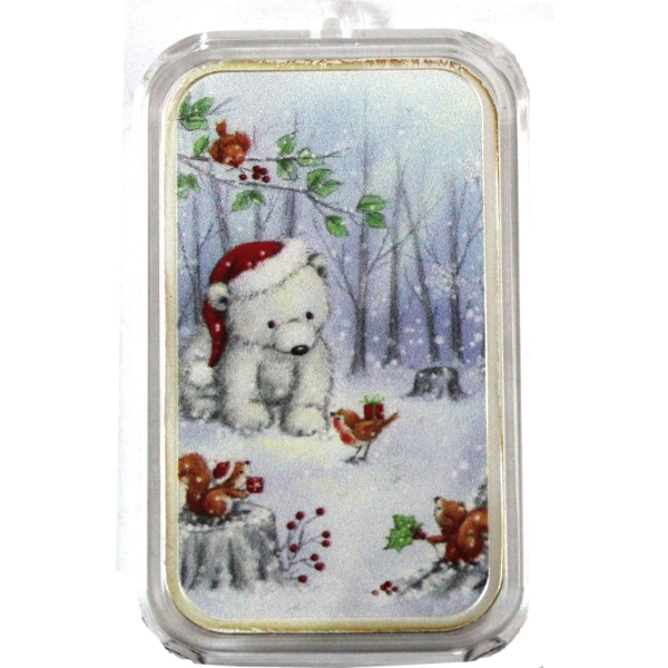 1oz 2023 Happy Holidays Polar Colorized Bear .999 Fine Silver Bar in Green Drawstring Bag 