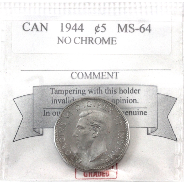 5-cent 1944 No Chrome CMG Certified MS64 