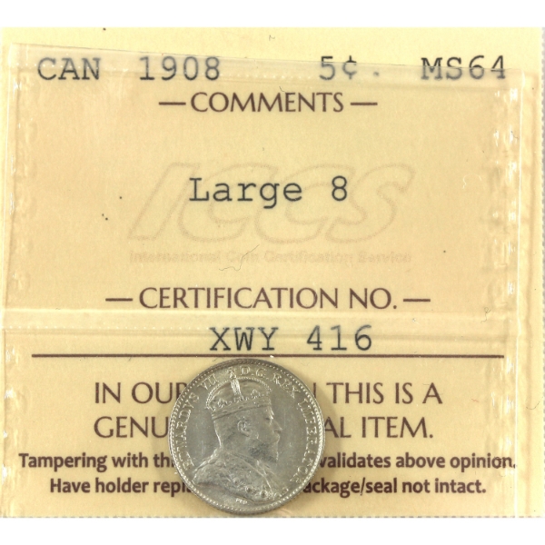5-cent 1908 Large 8 ICCS MS64