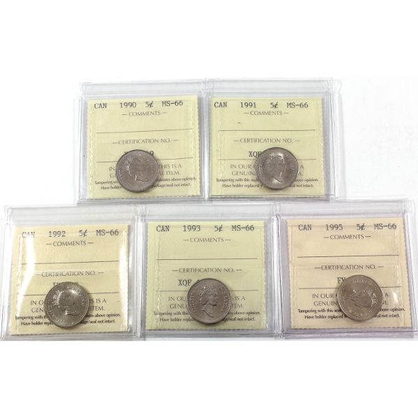 5-cent 1990, 1991, 1992, 1993, & 1995 ICCS MS66. 5pcs.