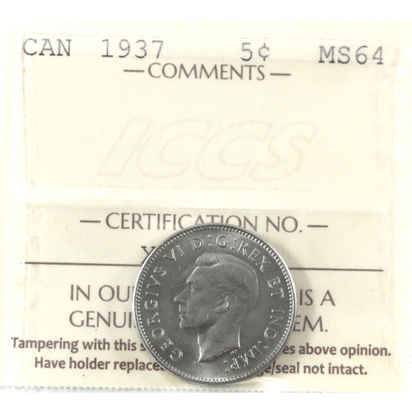 5-cent 1937 Dot ICCS MS64